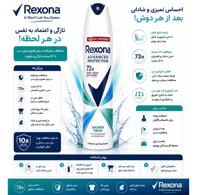 اسپری ضدتعریق زنانه رکسونا مدل Shower Fresh 72H حجم 200 میلیلیتر - نازی بیوتی