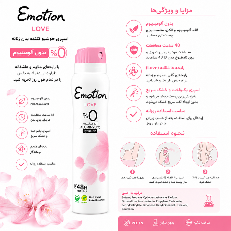 خوشبوکننده بدن زنانه Emotion Love صورتی - جزئیات محصول